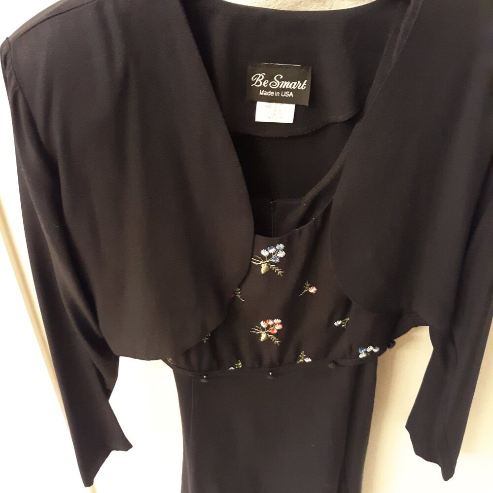 BLACK DRESS-Embroidered-FLOWERS ON UPPER FRONT-TIE BACK WITH BOLERO CARDIGAN